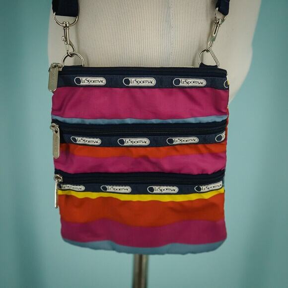 Le Sportsac Rainbow Stripe Three Zip Fabric Crossbody Shoulder Strap Bag Handbag - Picture 2 of 7
